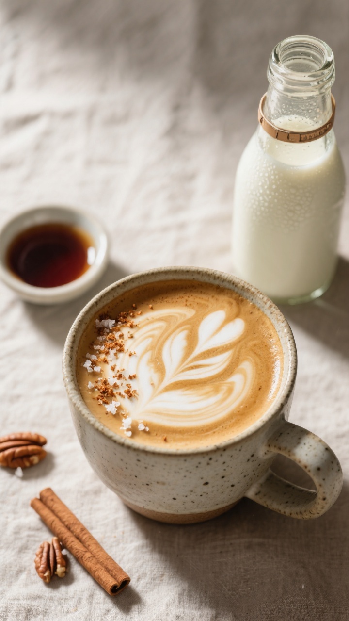 Tasty top view: Overhead shot of a latte-style coffee in a stoneware mug with a generous pour of chi