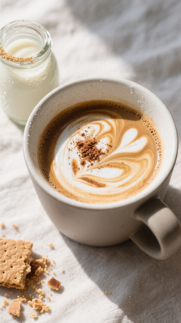 Tasty top view: Overhead shot of a mug of medium-roast coffee swirled with Toasted Marshmallow Cream