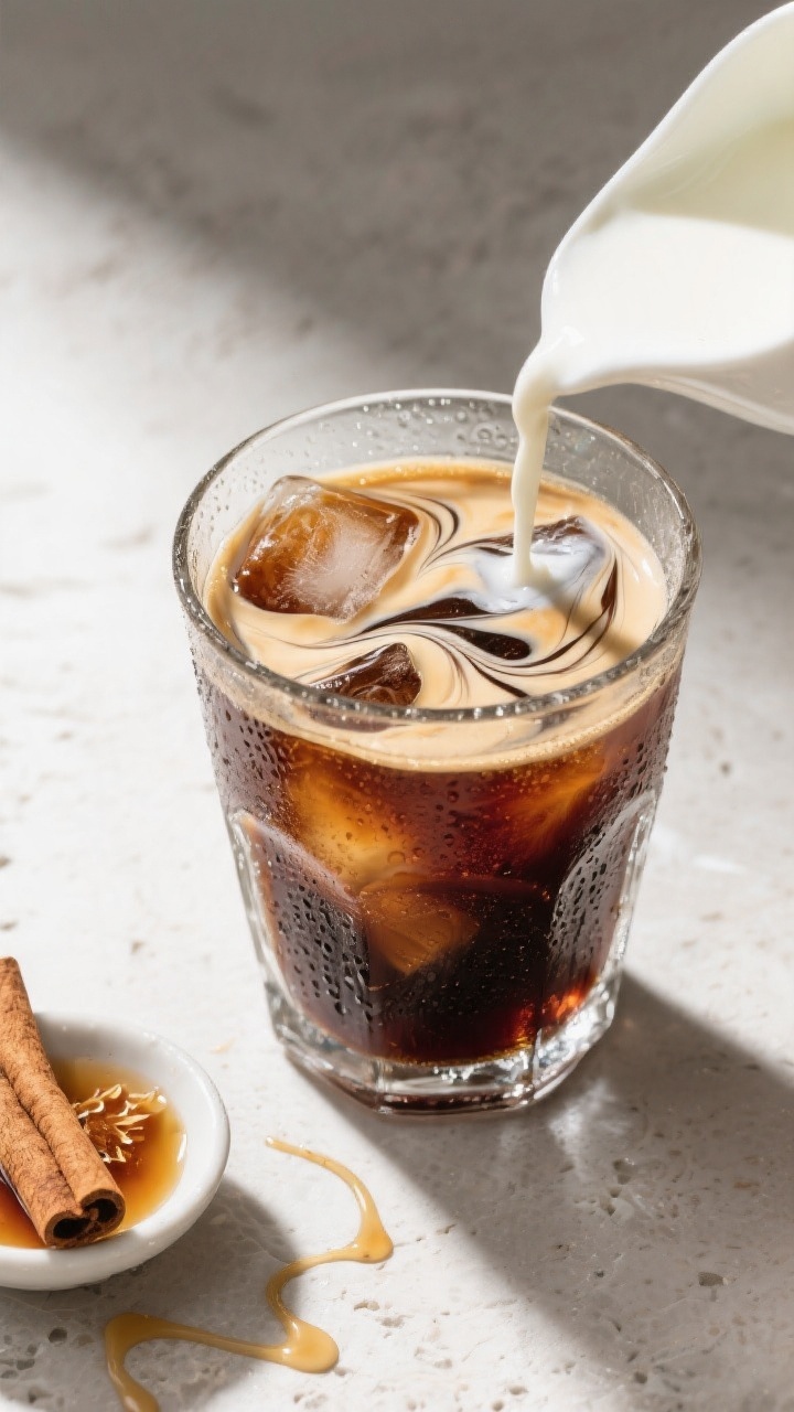 Tasty top view: Overhead shot of an iced coffee being finished with the creamer—creamer poured ove