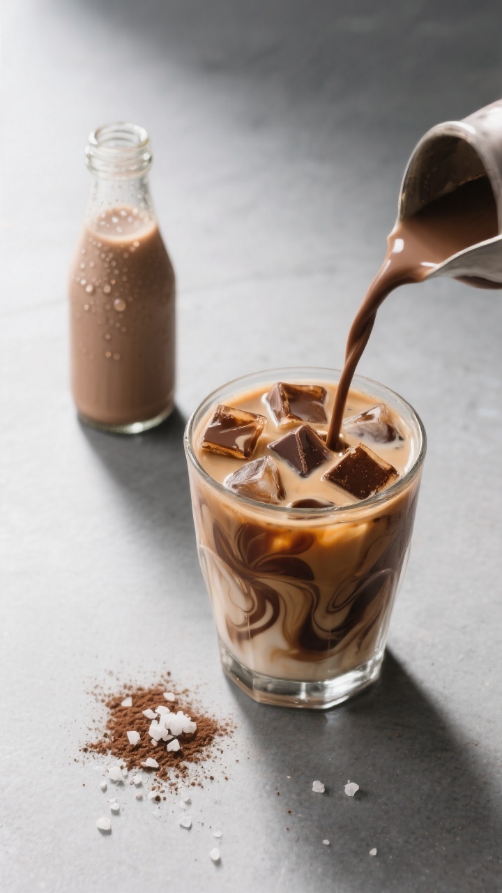 Tasty top view: Overhead shot of an iced coffee glass filled with cubes and swirled Chocolate Hazeln