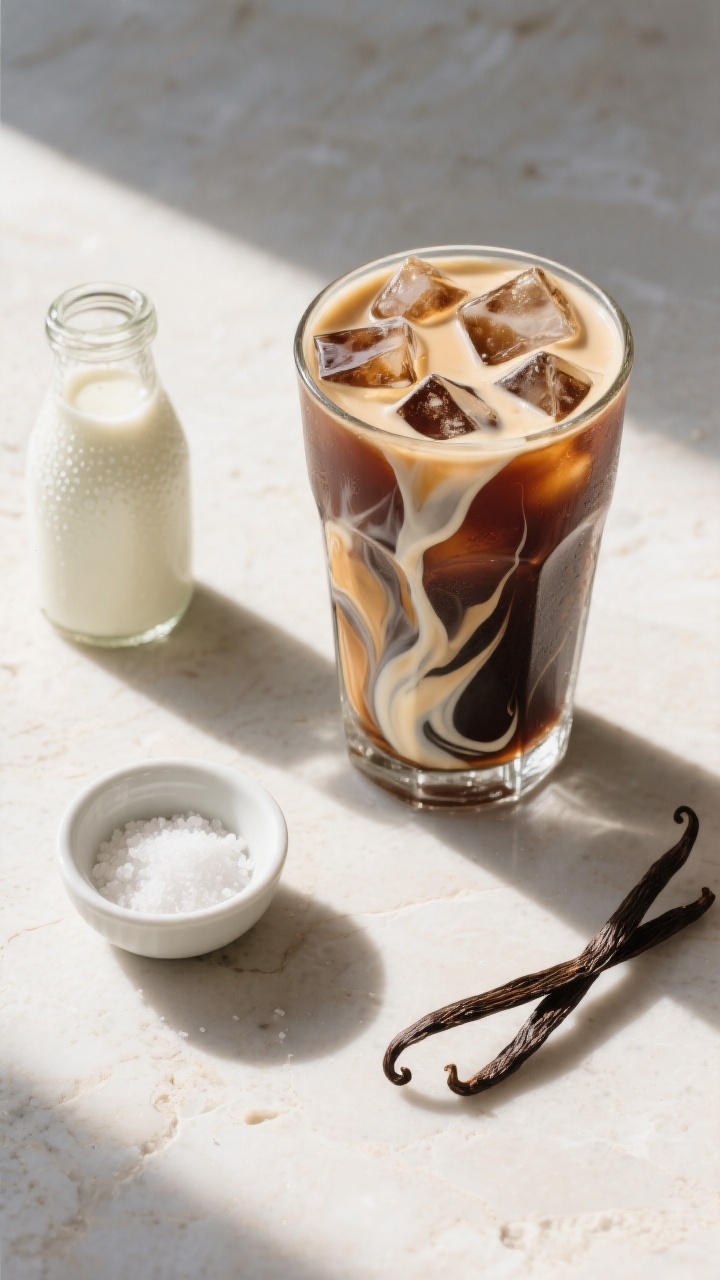 Tasty top view: Overhead shot of an iced coffee glass filled with clinking cubes and deep cold brew,