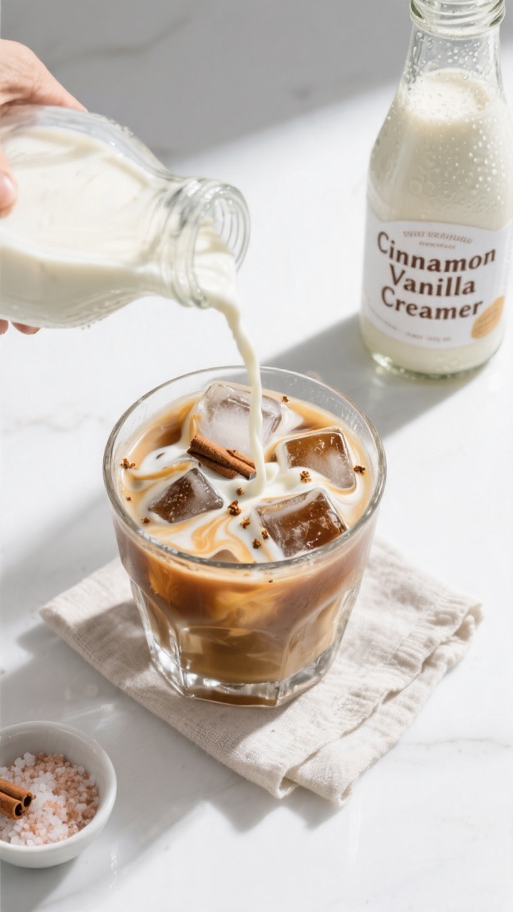 Tasty top view: Overhead shot of an iced coffee in a clear rocks glass with large ice cubes as chill