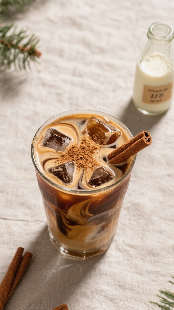 Tasty top-view: Overhead shot of an iced coffee swirled with gingerbread creamer—marbled ribbons o