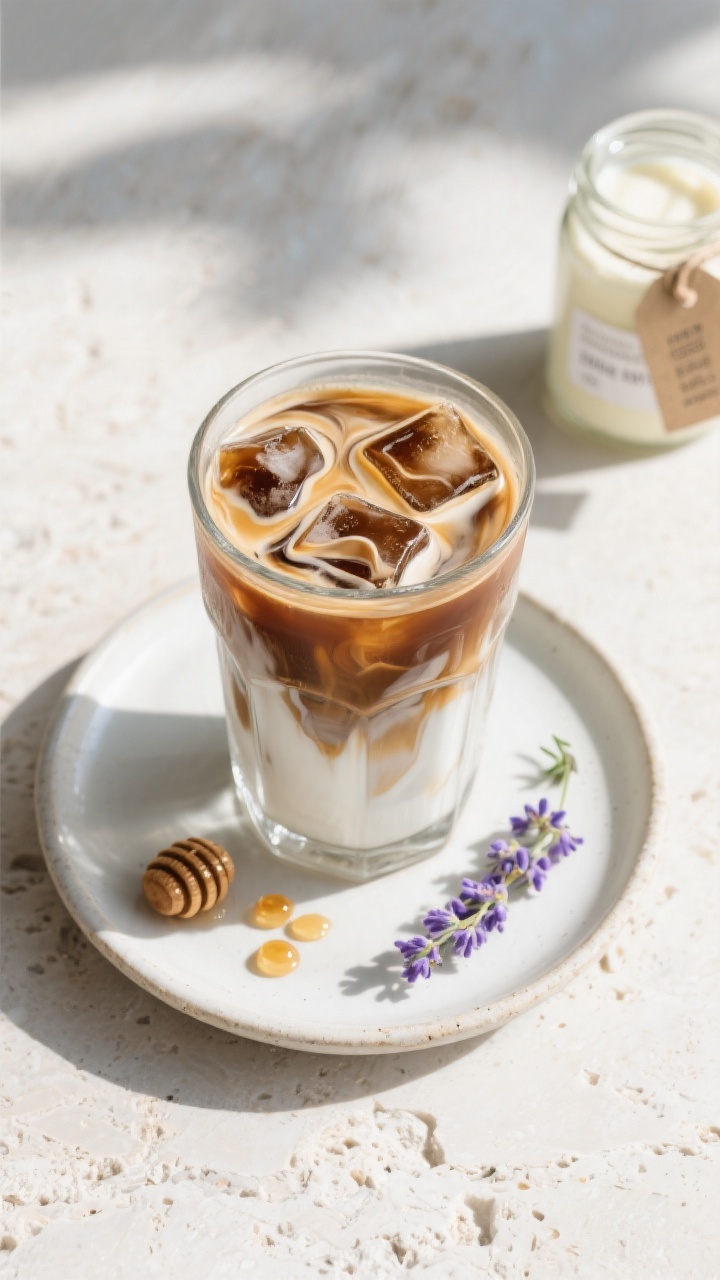 Tasty top view: Overhead shot of an iced coffee swirled with honey lavender creamer, dramatic marbli