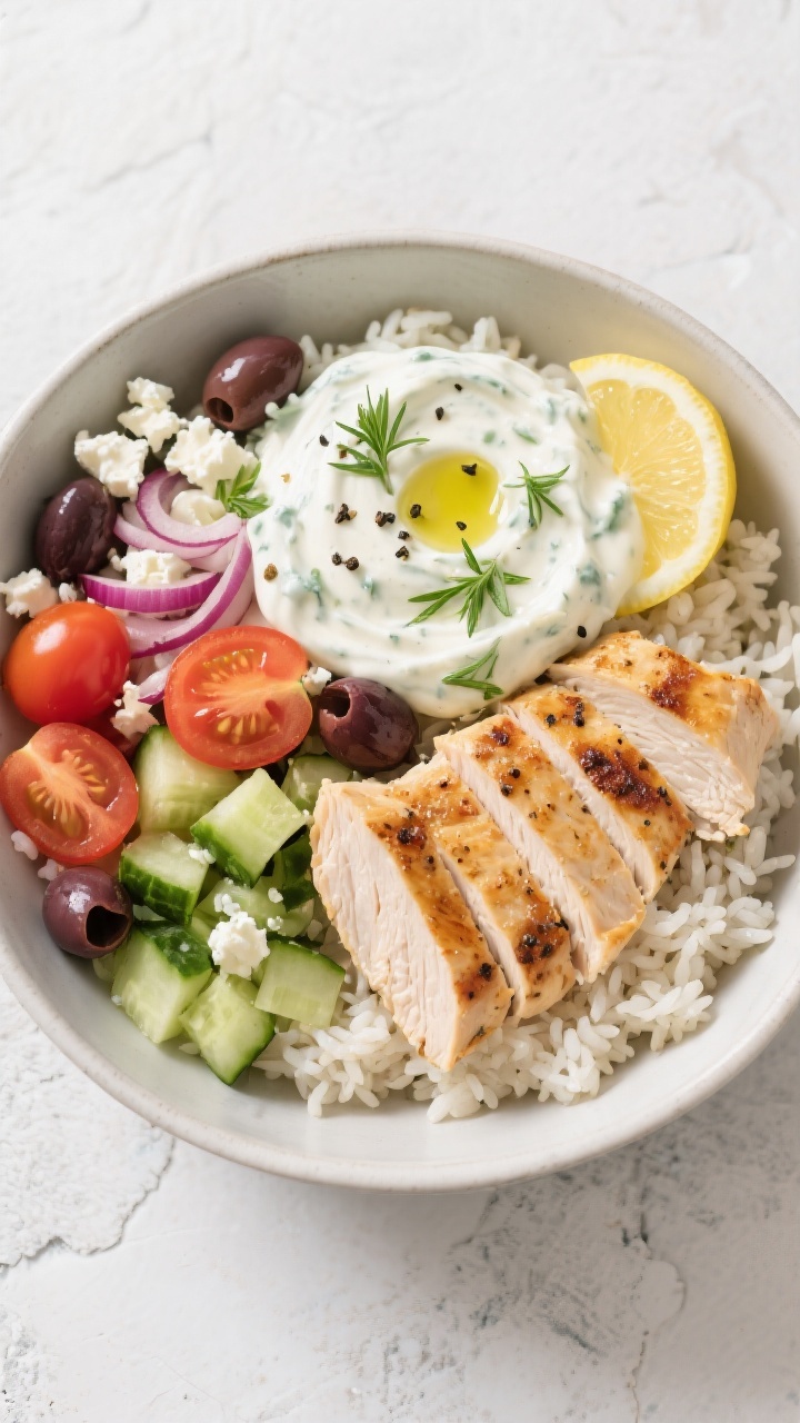 Tasty top view — Overhead shot of assembled Greek chicken bowls: fluffy white or brown rice base w