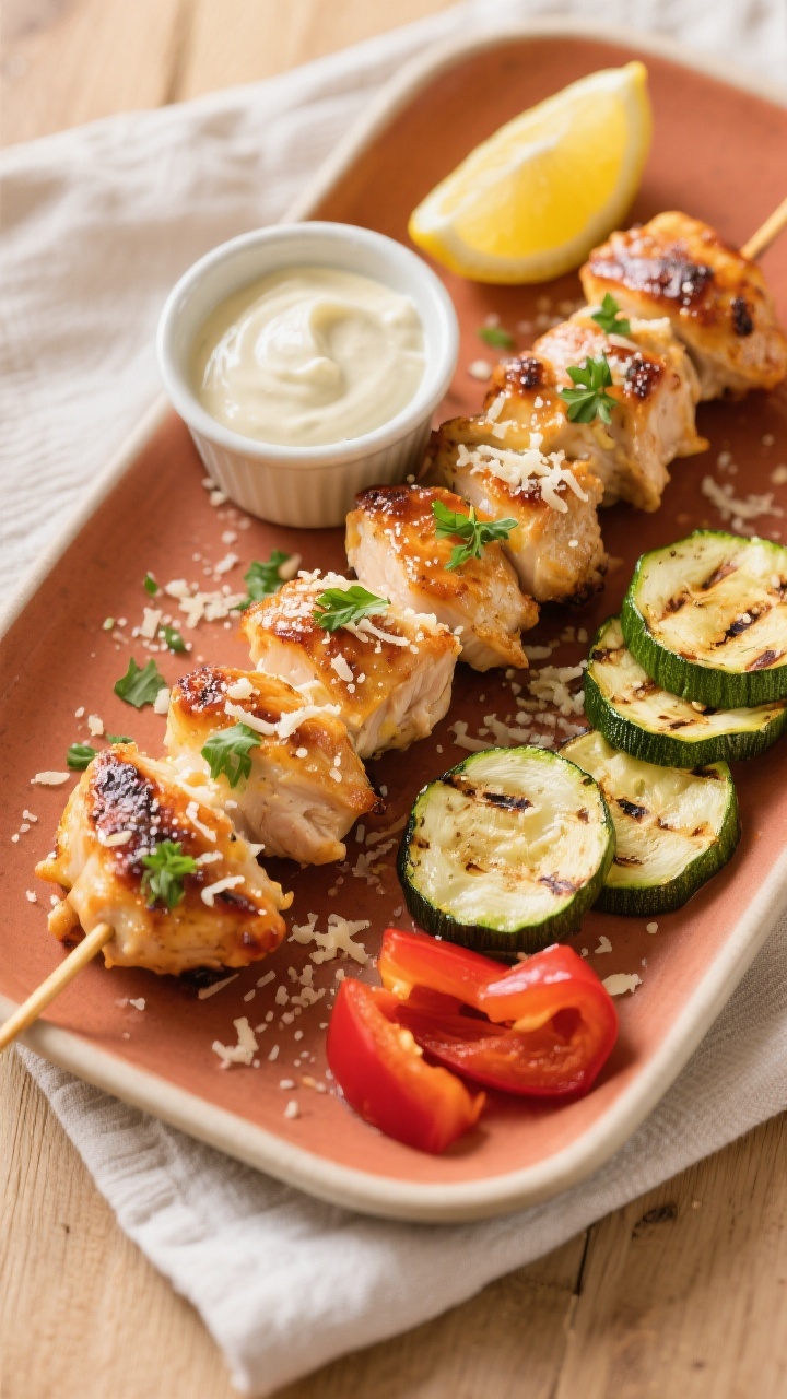 Tasty top view: Overhead shot of finished chicken skewers arranged in a neat row on a warm-toned pla