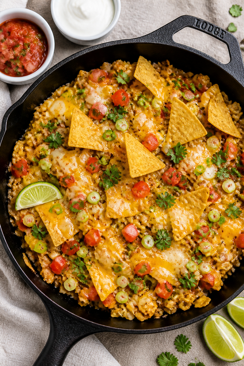Tasty top view: Overhead shot of finished migas in the skillet, cheese fully melted and pooled in po