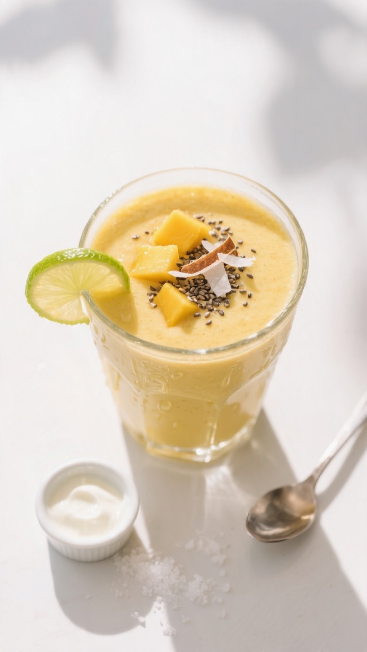 Tasty top view: Overhead shot of the final mango smoothie poured into a chilled clear glass, ultra-s