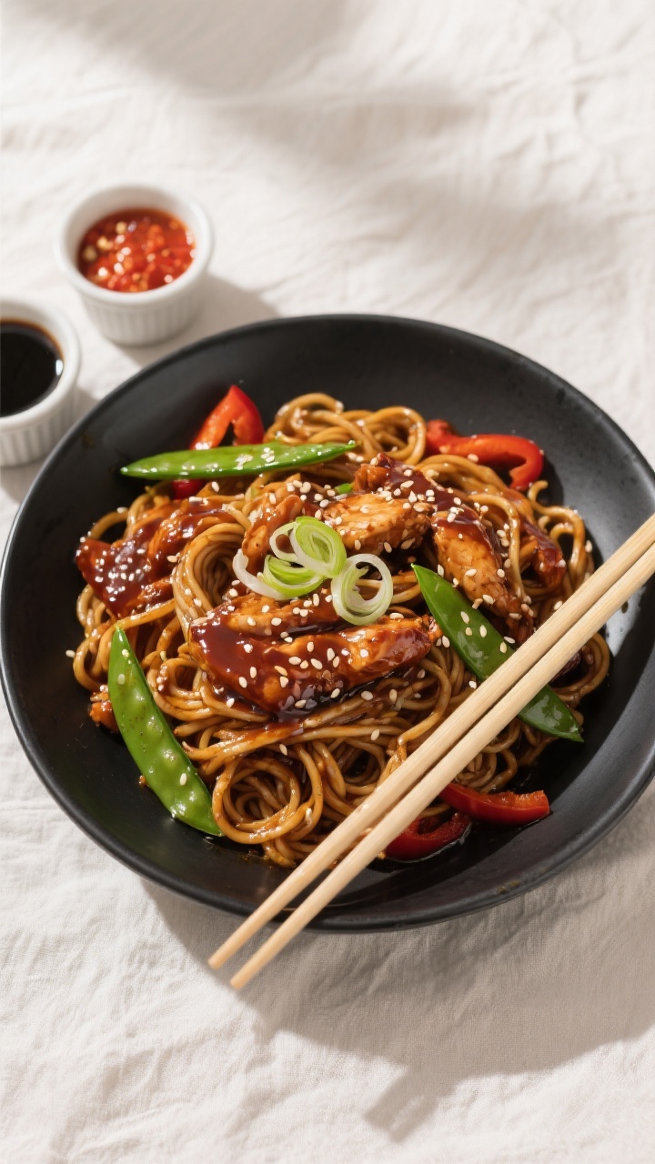 Tasty top view: Overhead shot of the final Sticky Garlic Chicken Noodles plated in a wide matte-blac
