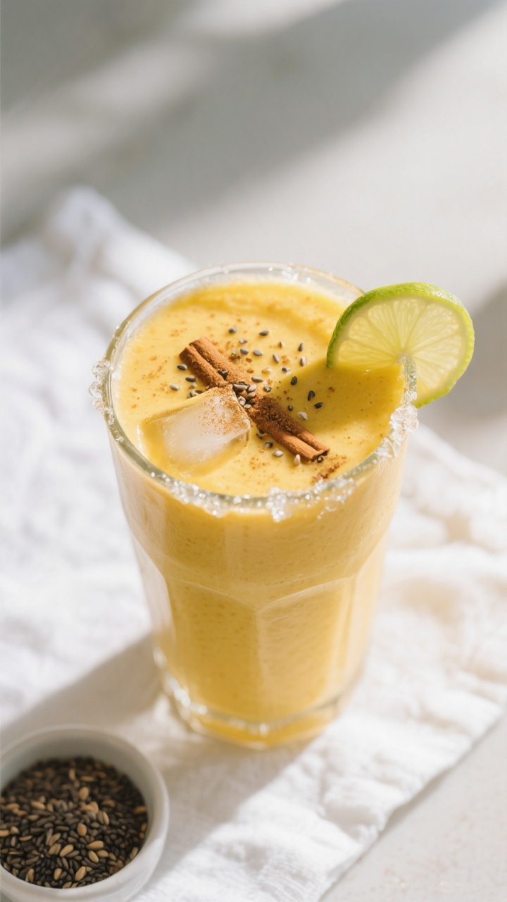 Tasty top view: Overhead shot of the finished Healthy Mango Smoothie poured into a chilled clear gla