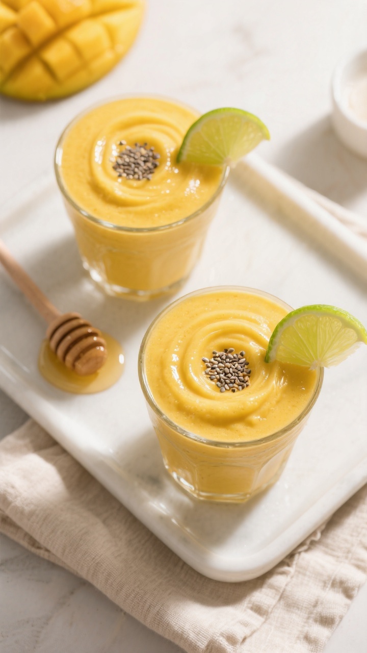 Tasty top view: Overhead shot of the finished mango smoothie served in two glasses, thick and glossy
