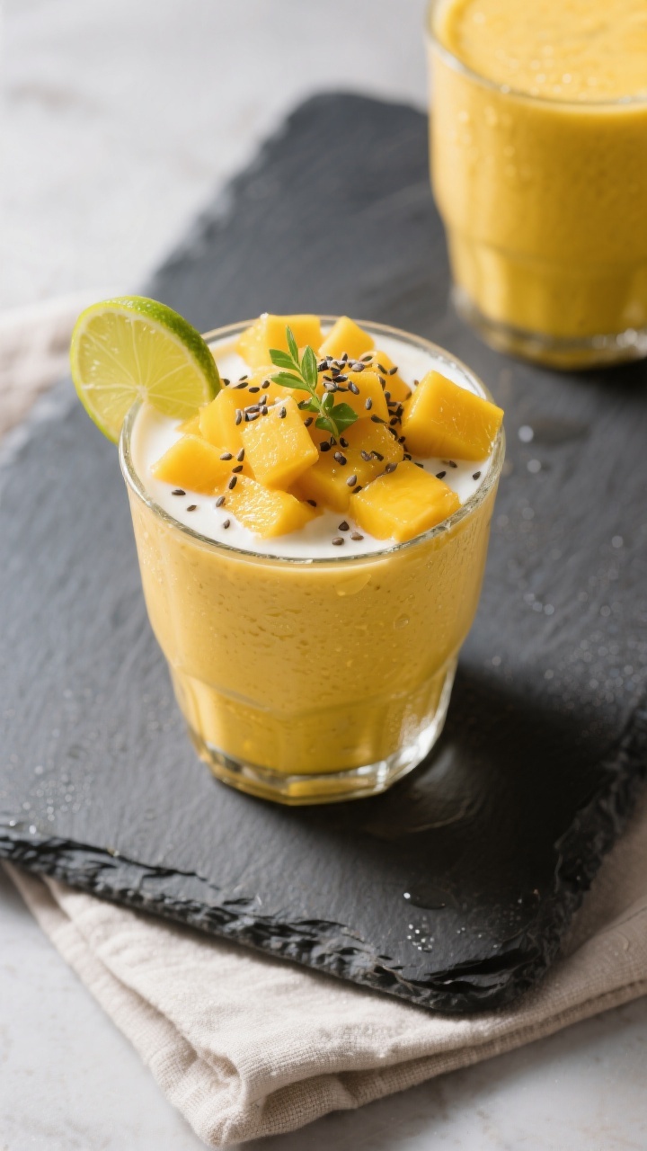 Tasty top view: Overhead shot of the finished mango yogurt smoothie in a short, wide tumbler, topped