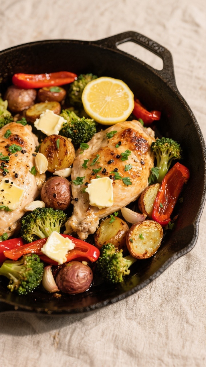 Tasty top view: Overhead shot of the finished one-pan garlic butter chicken and vegetables straight 