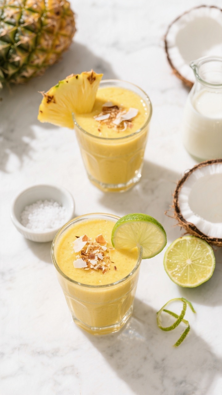 Tasty top view: Overhead shot of the finished Tropical Mango Pineapple Smoothie poured into two chil