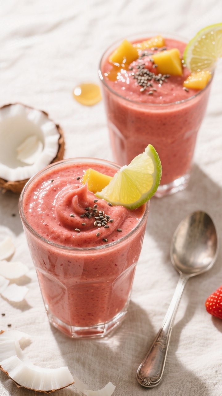 Tasty top view: Overhead shot of two chilled glasses filled with a thick strawberry mango smoothie, 