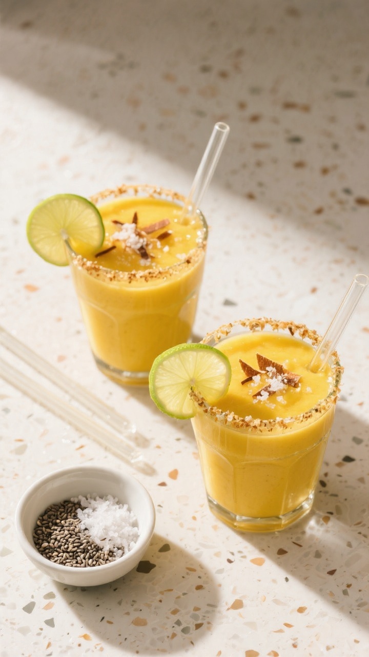 Tasty top view: Overhead shot of two finished mango smoothies in clear glasses on a light terrazzo s
