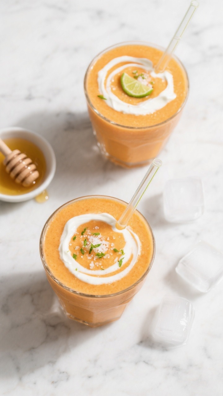 Tasty top view: overhead shot of two finished peach–mango smoothies on a white marble surface, vib