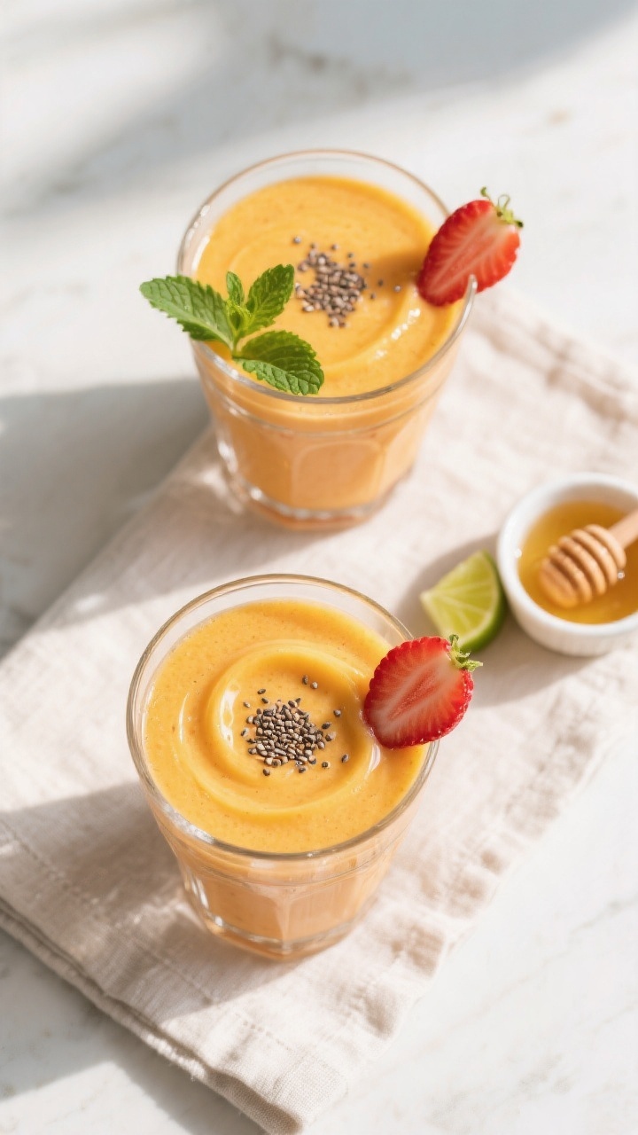 Tasty top view: Overhead shot of two finished strawberry–mango smoothies in clear tumblers, glossy