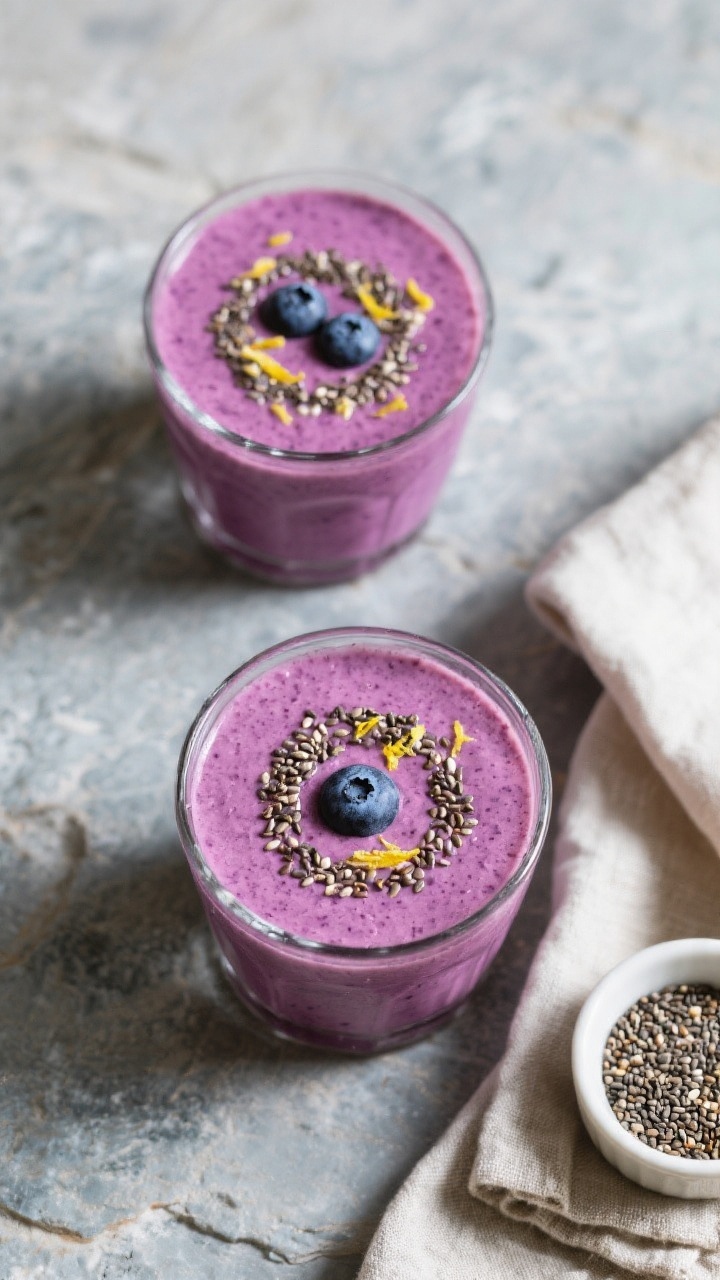 Tasty top view: Overhead shot of two glasses of the finished Blueberry Mango Smoothie with a velvety