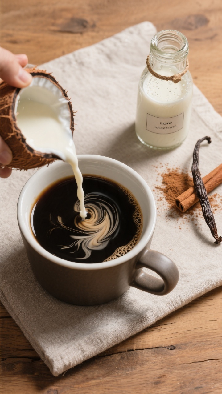 Tasty top view, overhead shot: Overhead of a mug of bold black coffee as the coconut cream creamer i
