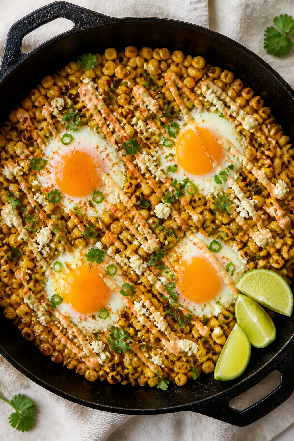 Tasty top view, overhead shot: Overhead shot of Mexican Street Corn Hash with Eggs in the skillet, f