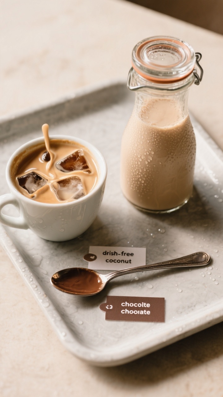 Tasty top view, styled overhead: Overhead shot of a small carafe and lidded glass jar filled with ch